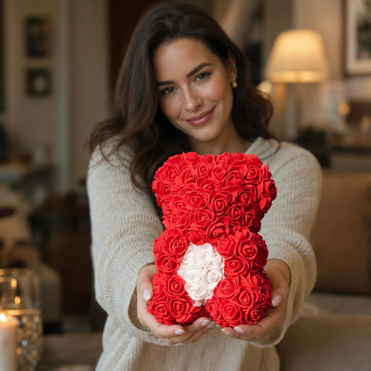 Ours En Rose Saint Valentin — model-offering-gift